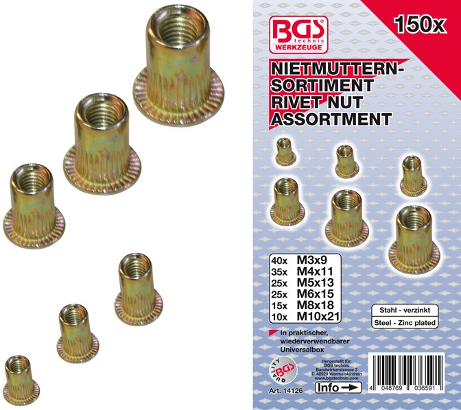 'BGS Gevindnitte sortiment galvaniseret stål 3-4-5-6-8-10mm. 150 dele' - Bgs