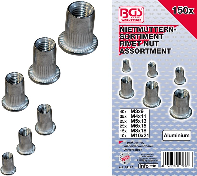 'BGS Gevindnitte sortiment alu 3-4-5-6-8-10mm. 150 dele' - Bgs