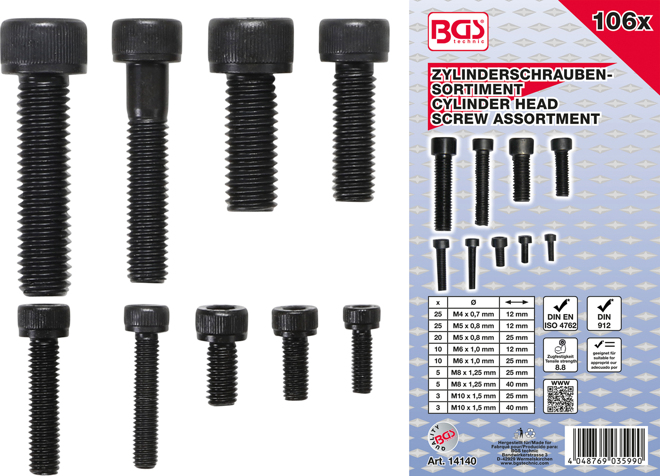 'BGS Cylinderskruesortiment 6kt. 4-5-6-8-10mm. 106 dele' - Bgs