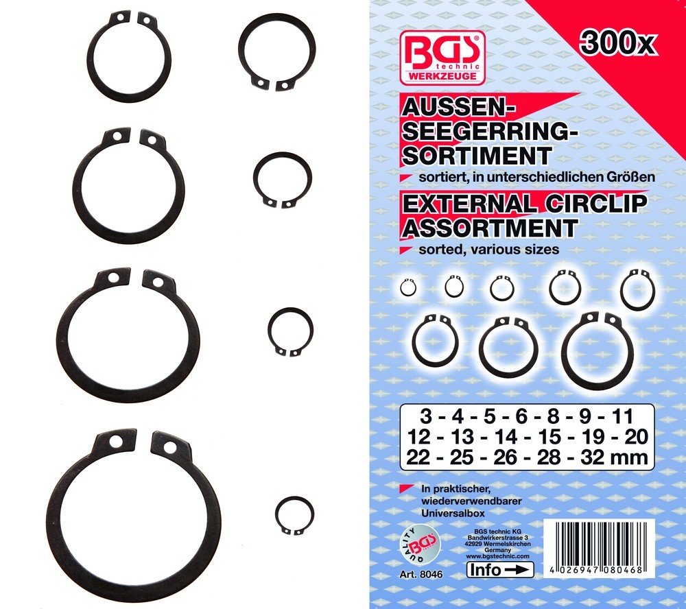 'BGS Låseringssortiment 3-32mm udv. 300 dele' - Bgs