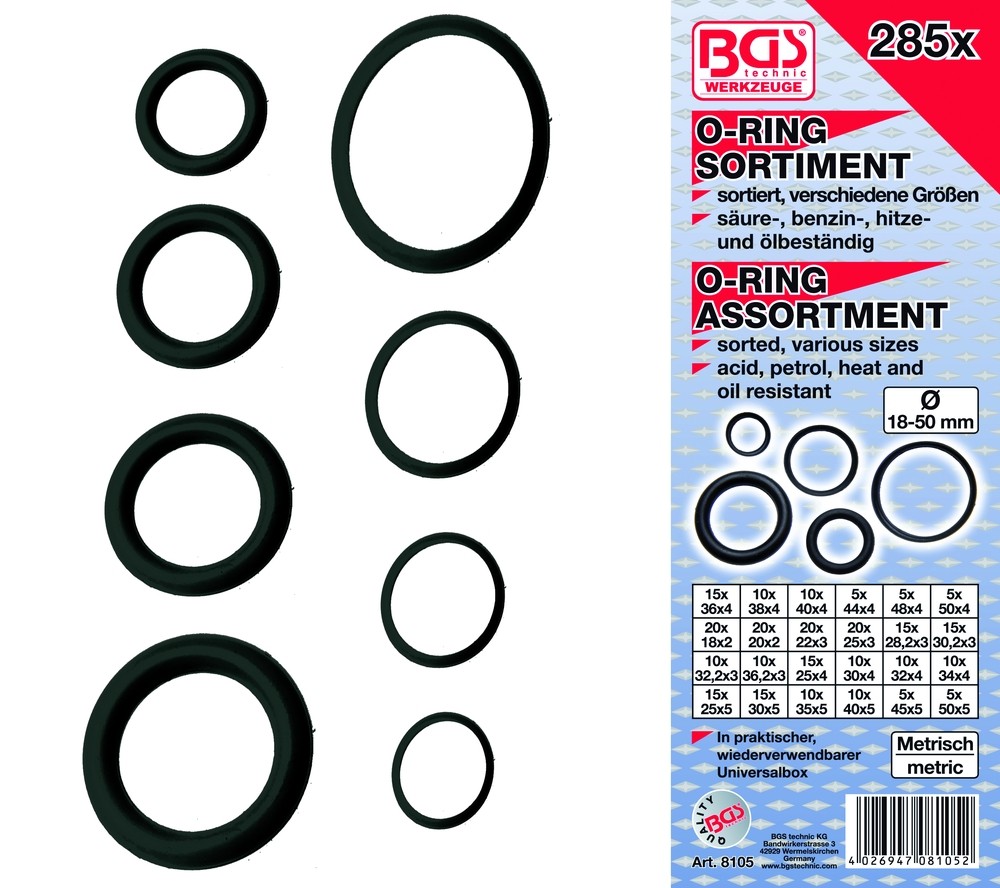 'BGS O-ringssortiment 18-50mm. 285 dele' - Bgs