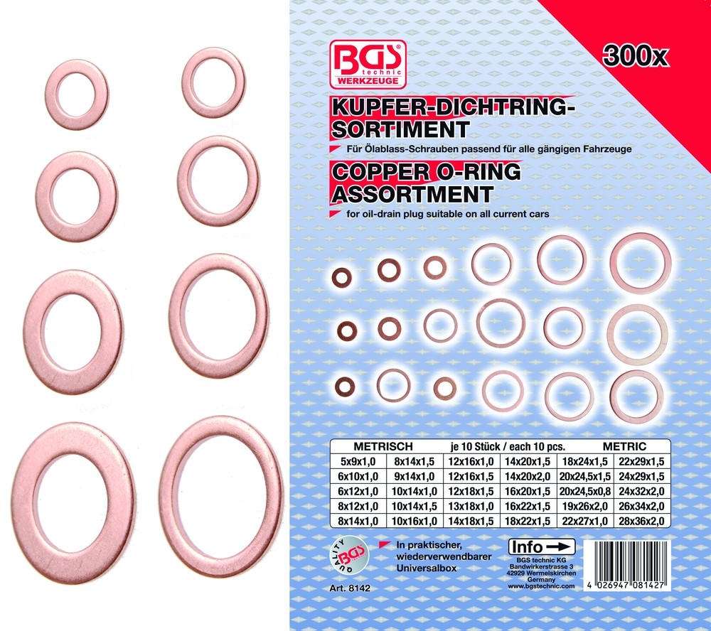 'BGS Kobber pakningsringesortiment 5-28mm. 300 dele' - Bgs